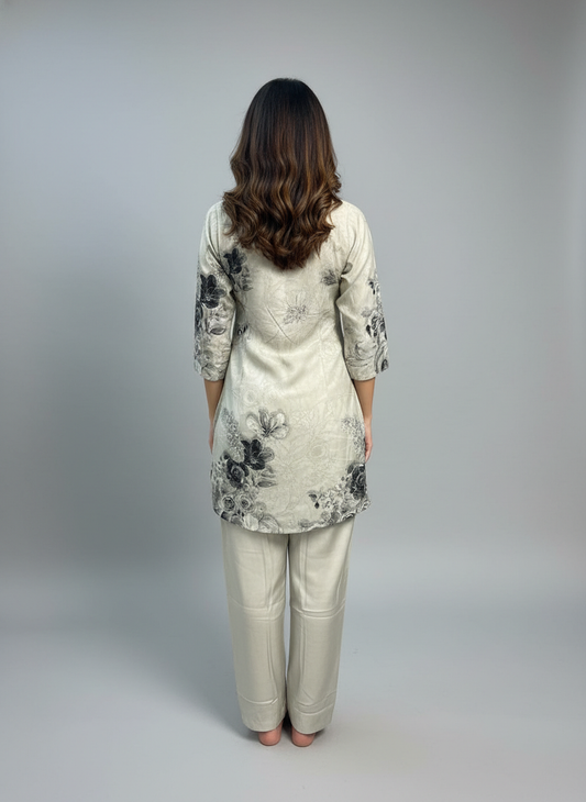Ivory Whisper Floral Kurti Pant Set