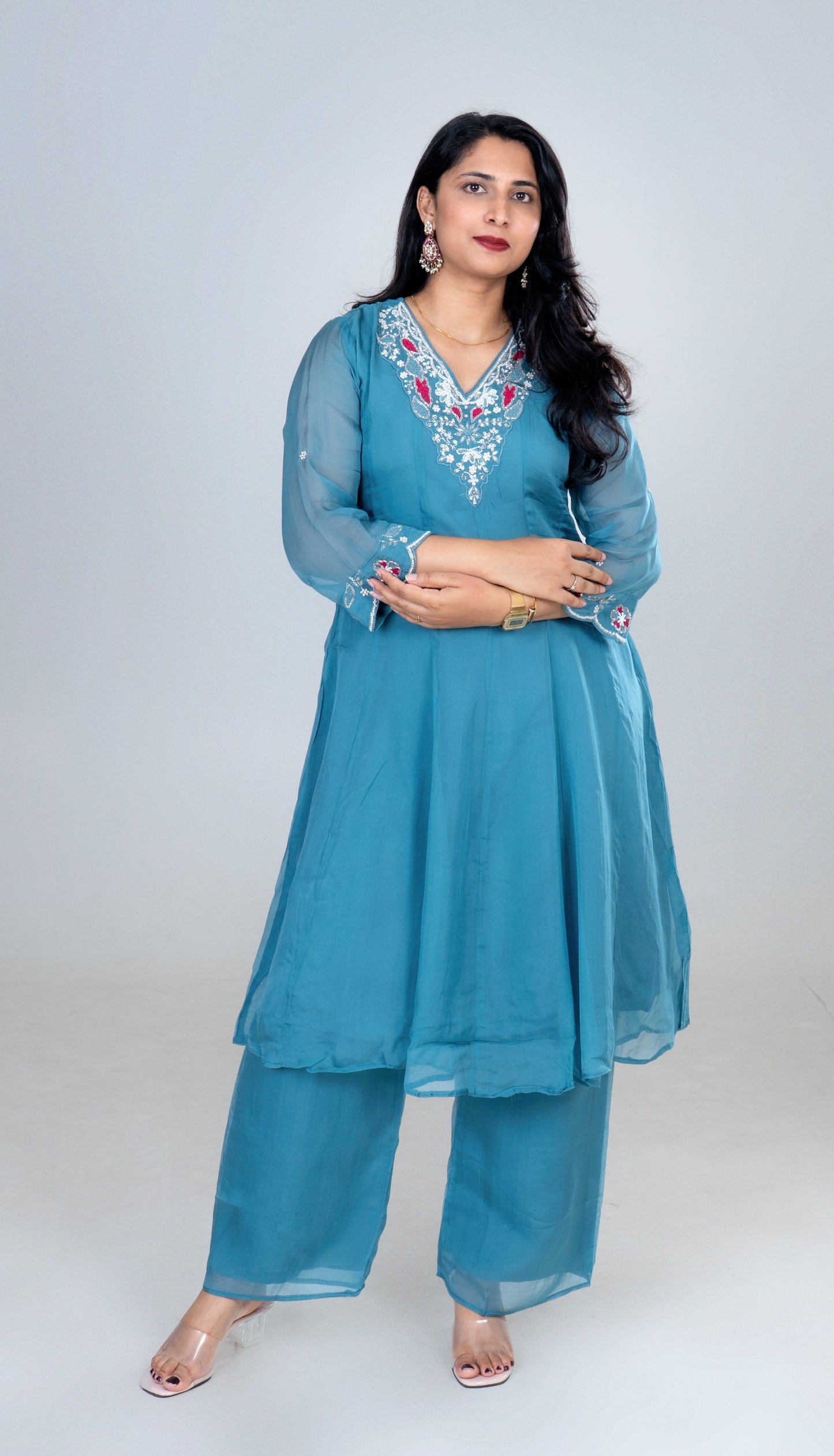 Teal Blue Floral Embroidered Kurta Set with Dupatta