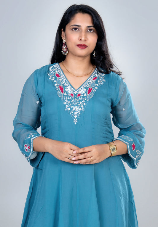 Teal Blue Floral Embroidered Kurta Set with Dupatta