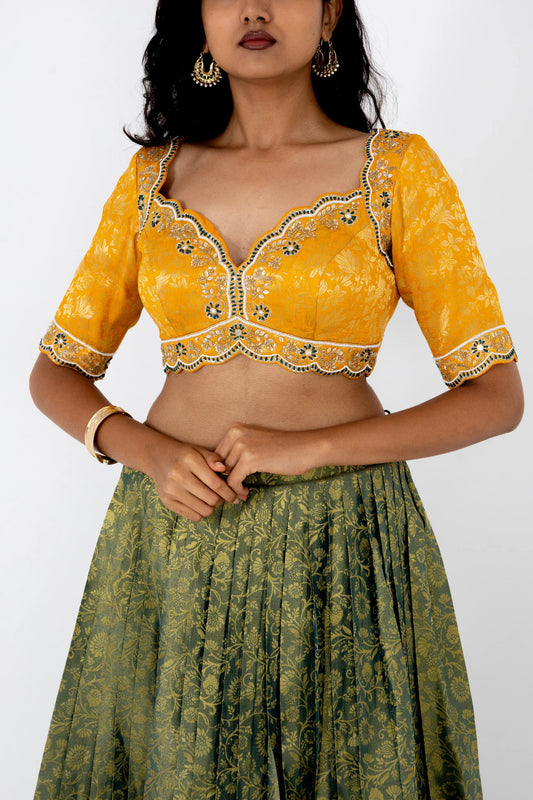 Sunlit Mustard & Olive Banarasi Lehenga Set