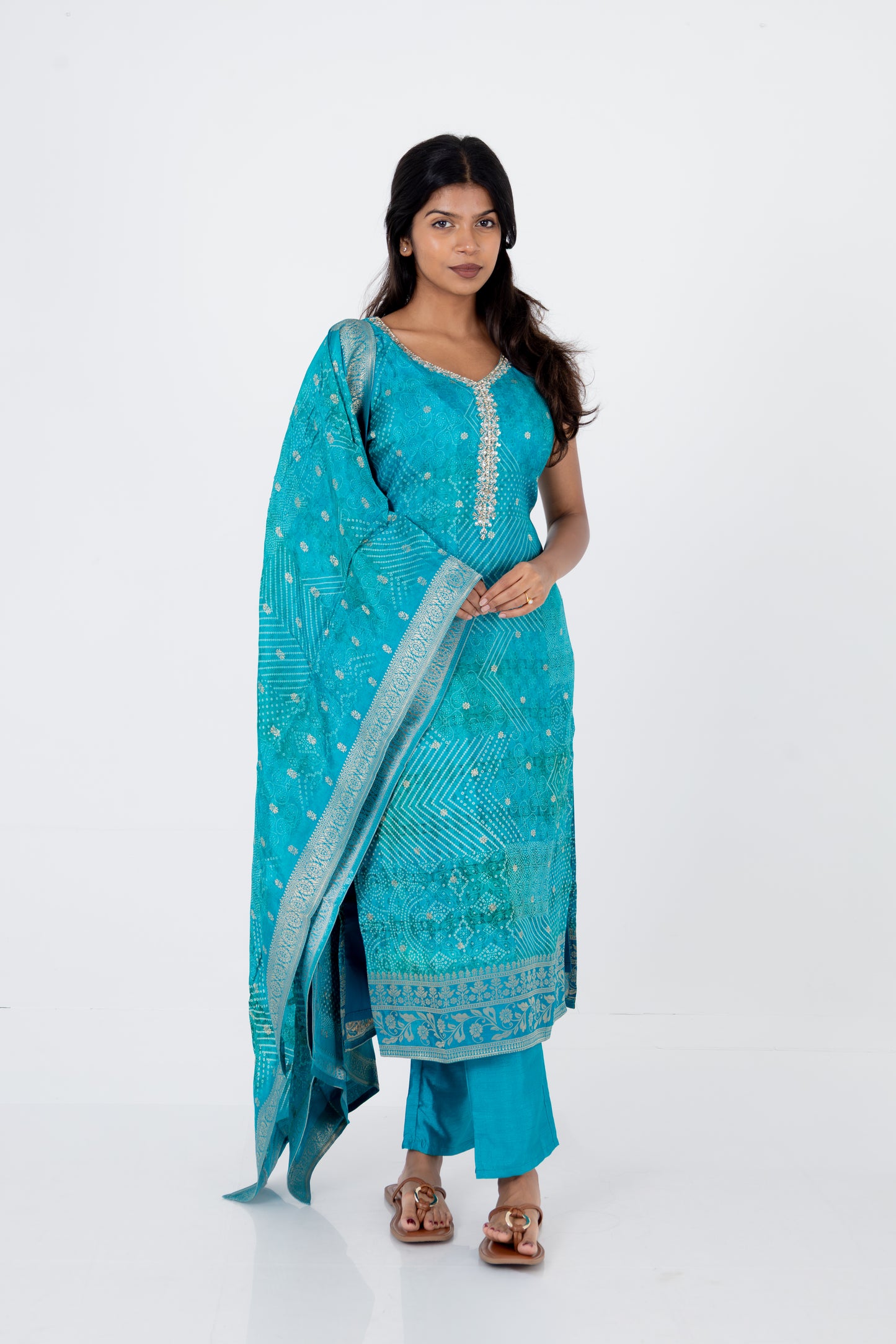 Turquoise Blue Bandhani Printed Suit Set with Embellished Neckline