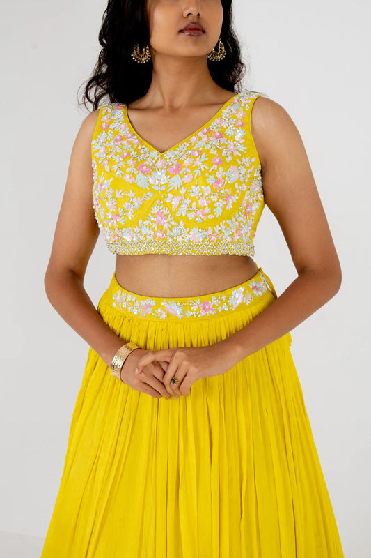 Sunshine Yellow Embroidered Drape Lehenga Set