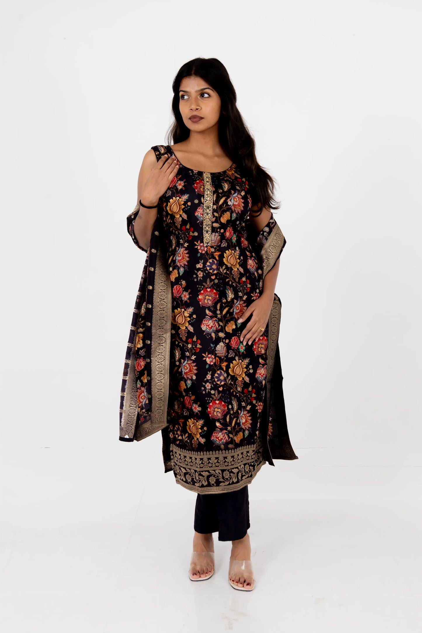 Black Floral Printed Cotton Suit Set with Dupatta