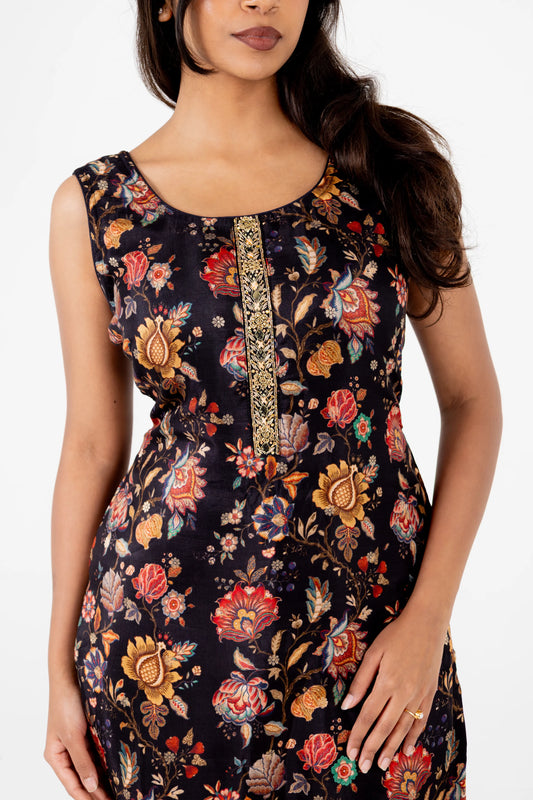 Black Floral Printed Cotton Suit Set with Dupatta