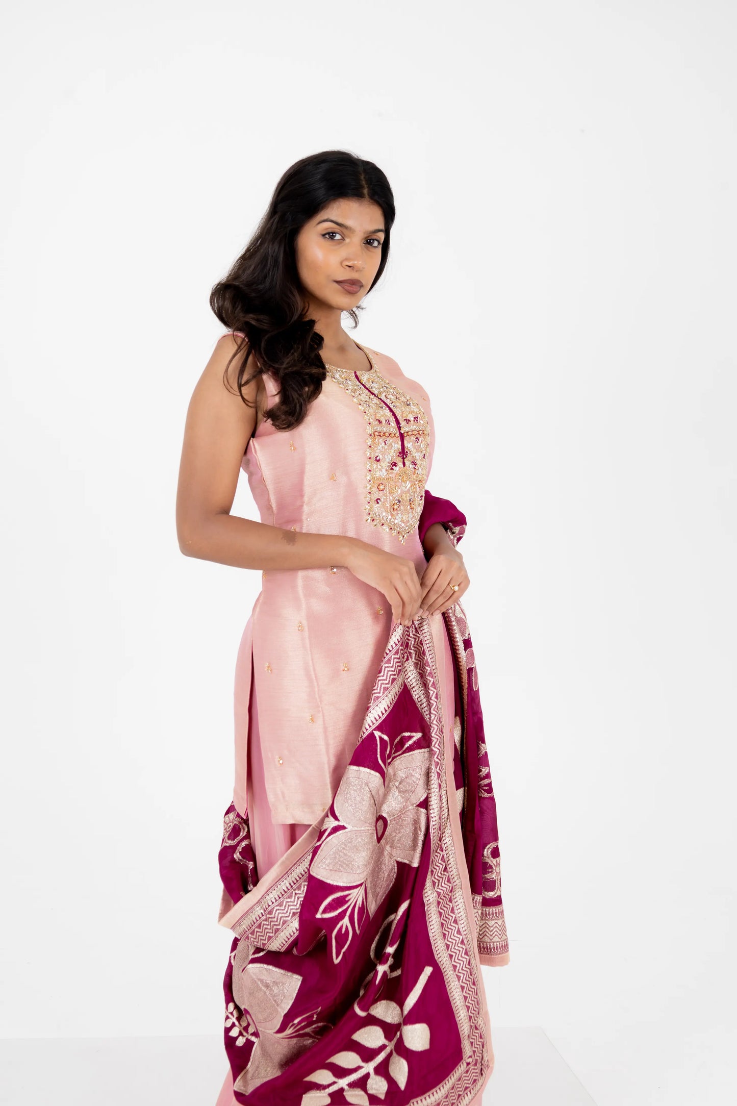 Blush Pink Hand-Worked Kurta Set with Wine Dupatta