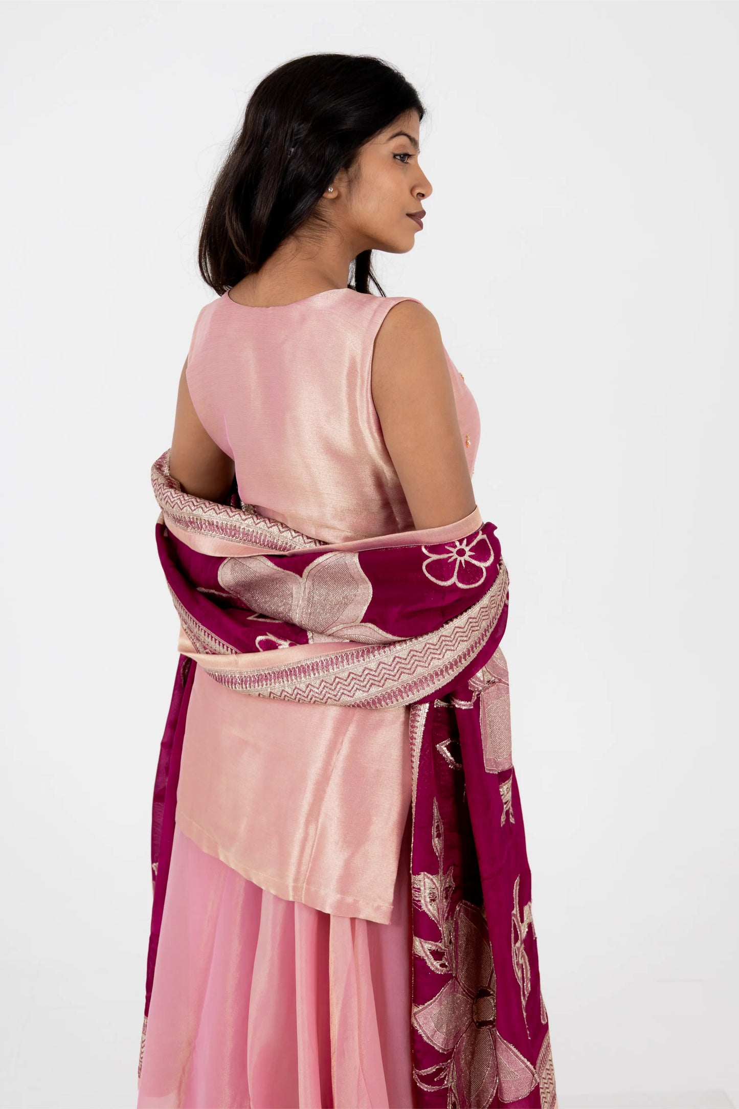 Blush Pink Embroidered Kurta Set with Wine Dupatta