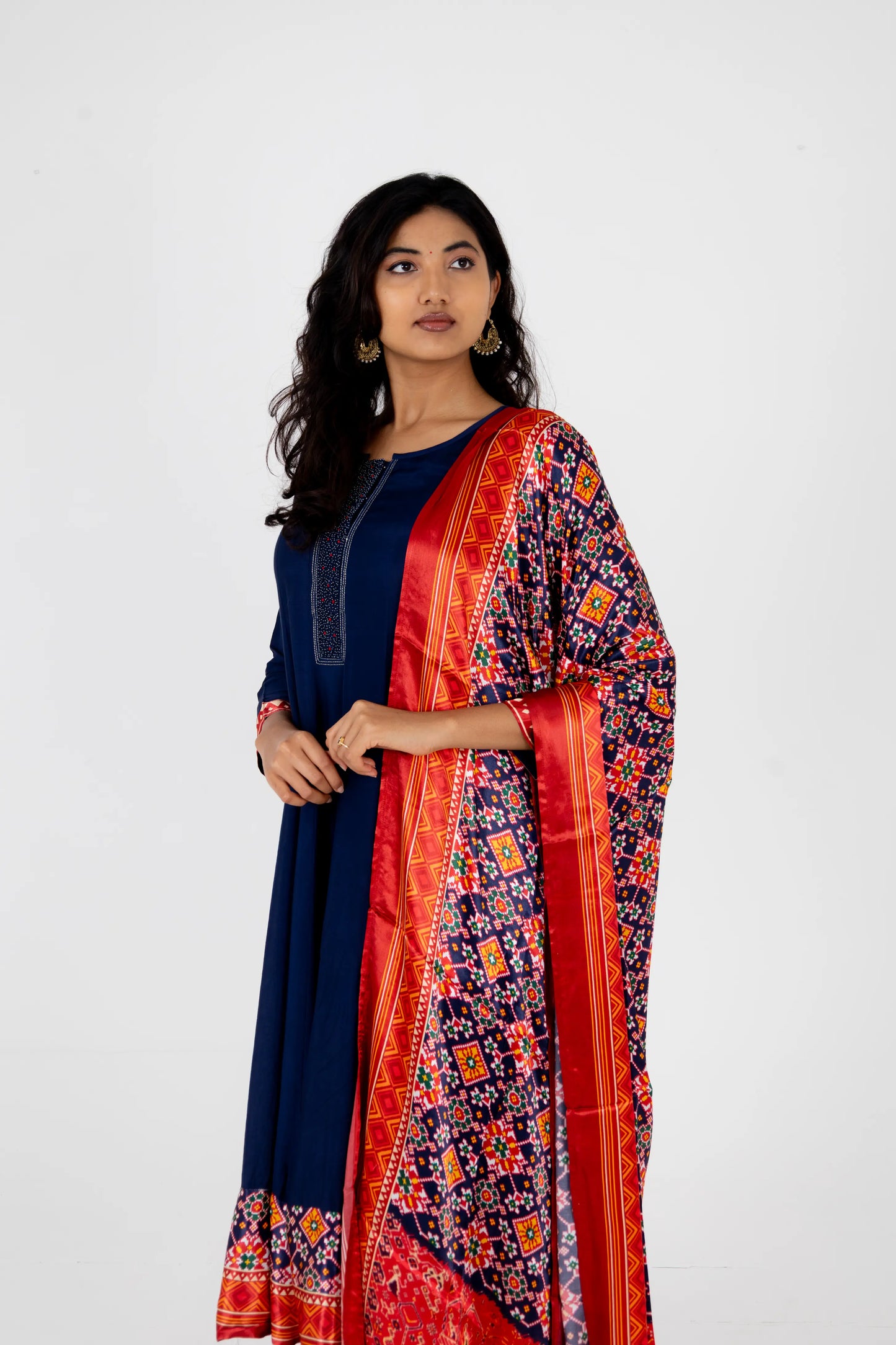 Navy Blue Printed Kurta Set with Vibrant Bandhani Dupatta