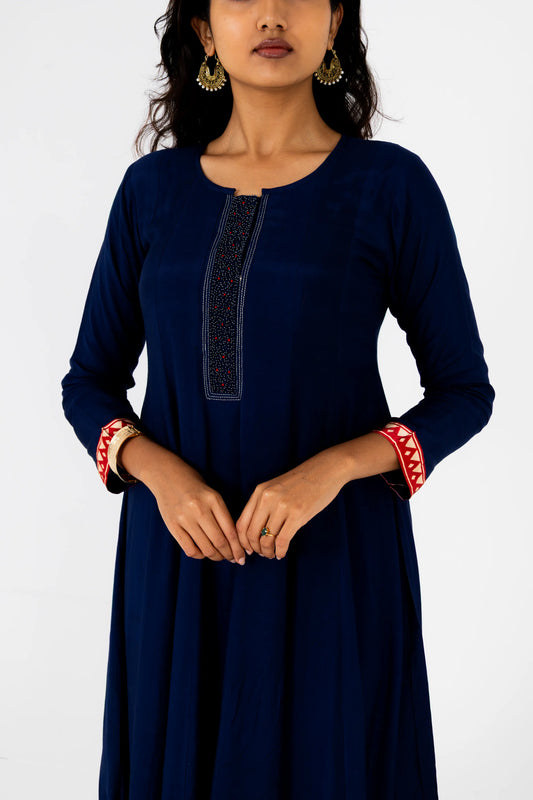 Navy Blue Printed Kurta Set with Vibrant Bandhani Dupatta