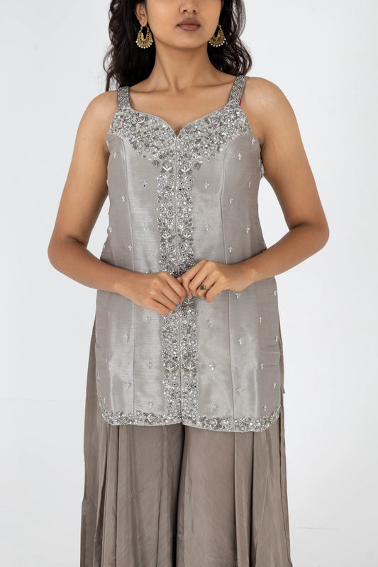 Smoky Grey Hand-Worked Kurta with Flared Palazzo & Dupatta Set