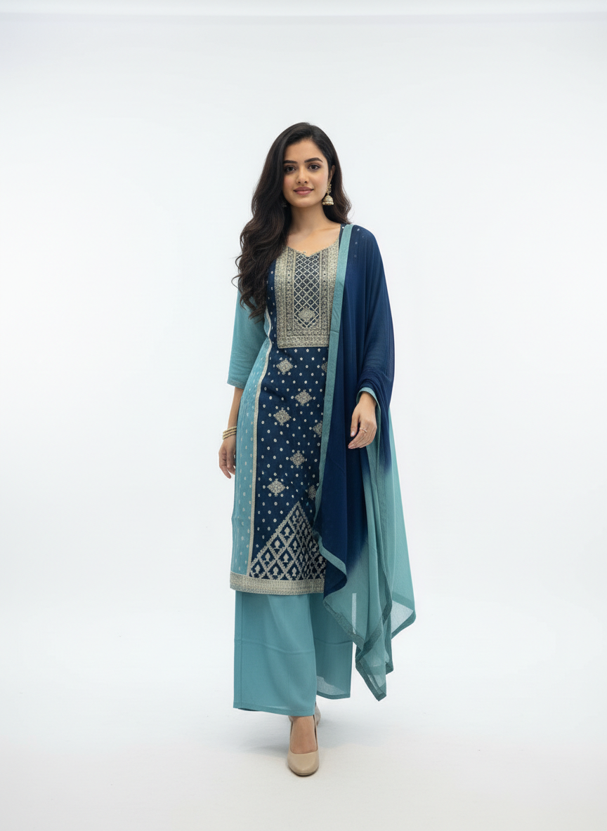 Teal Serenity Embroidered Kurta Set with Ombre Dupatta