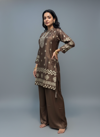 Mocha Heritage Printed Kurta Pant Set