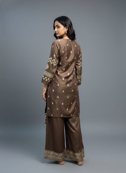 Mocha Heritage Printed Kurta Pant Set