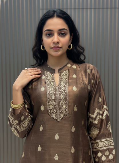 Mocha Heritage Printed Kurta Pant Set