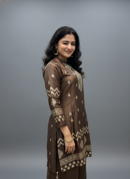 Mocha Heritage Printed Kurta Pant Set