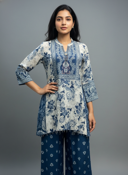 Indigo Blossom Hand block Kurta Pant Set