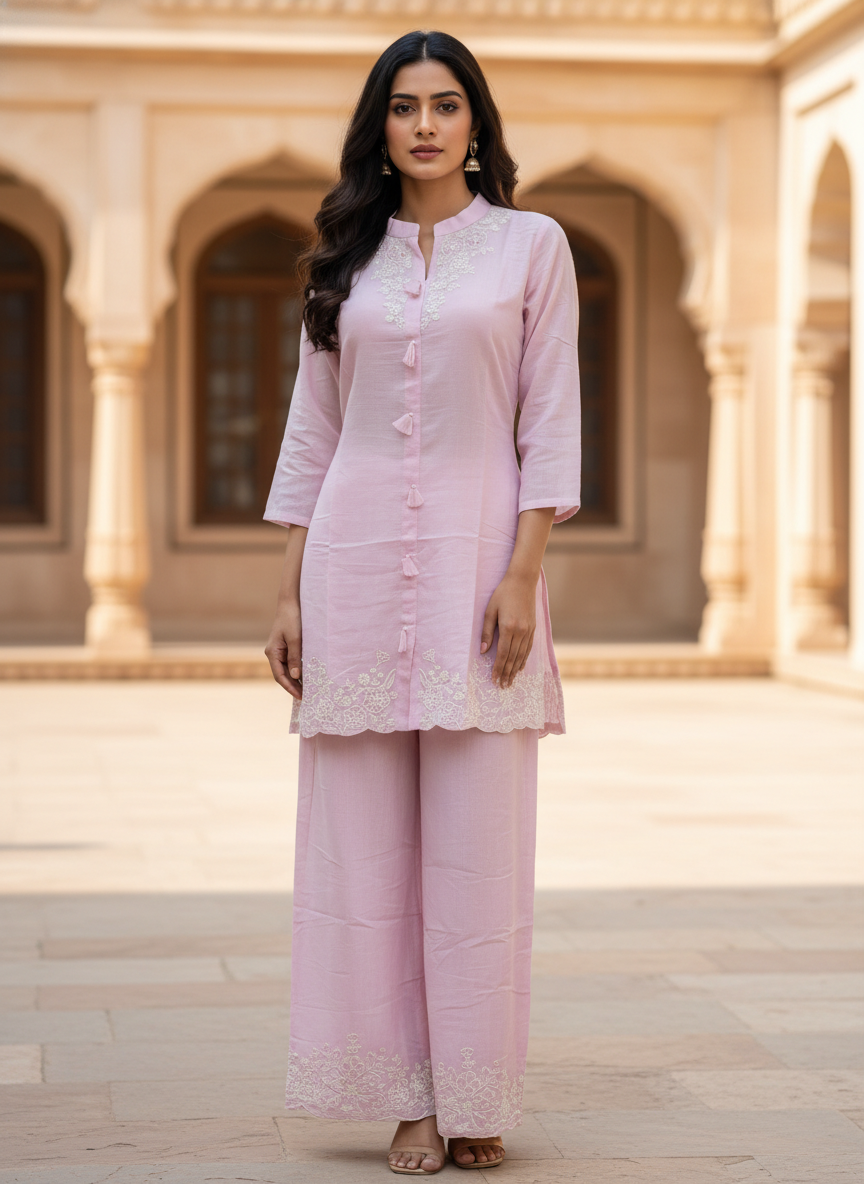 Blush Elegance Embroidered Kurti Palazzo Set