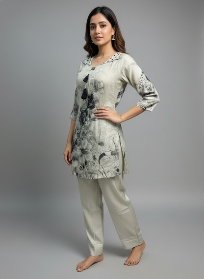 Ivory Whisper Floral Kurti Pant Set