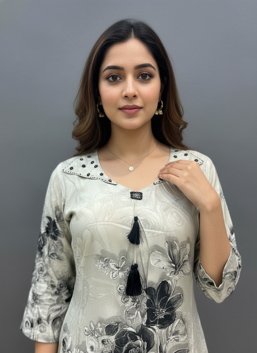 Ivory Whisper Floral Kurti Pant Set