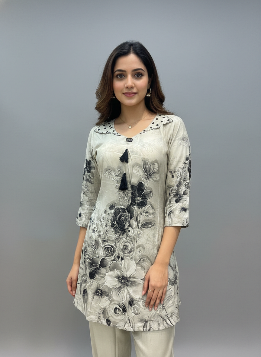 Ivory Whisper Floral Kurti Pant Set