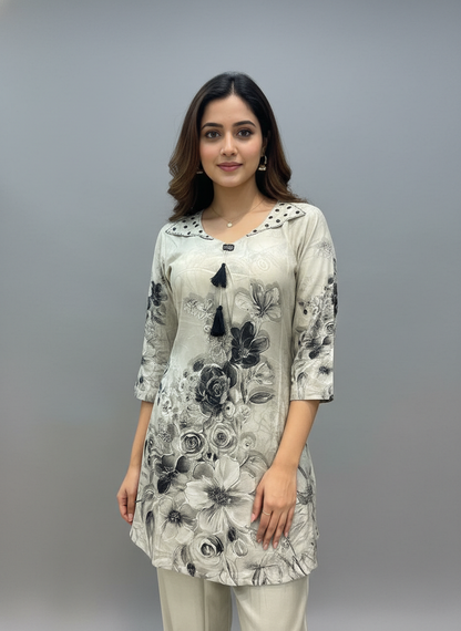 Ivory Whisper Floral Kurti Pant Set