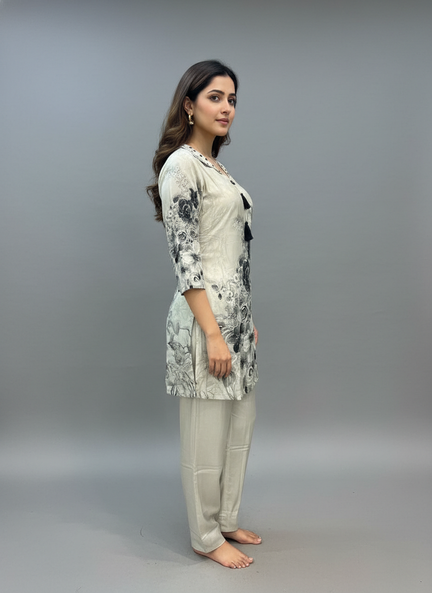 Ivory Whisper Floral Kurti Pant Set