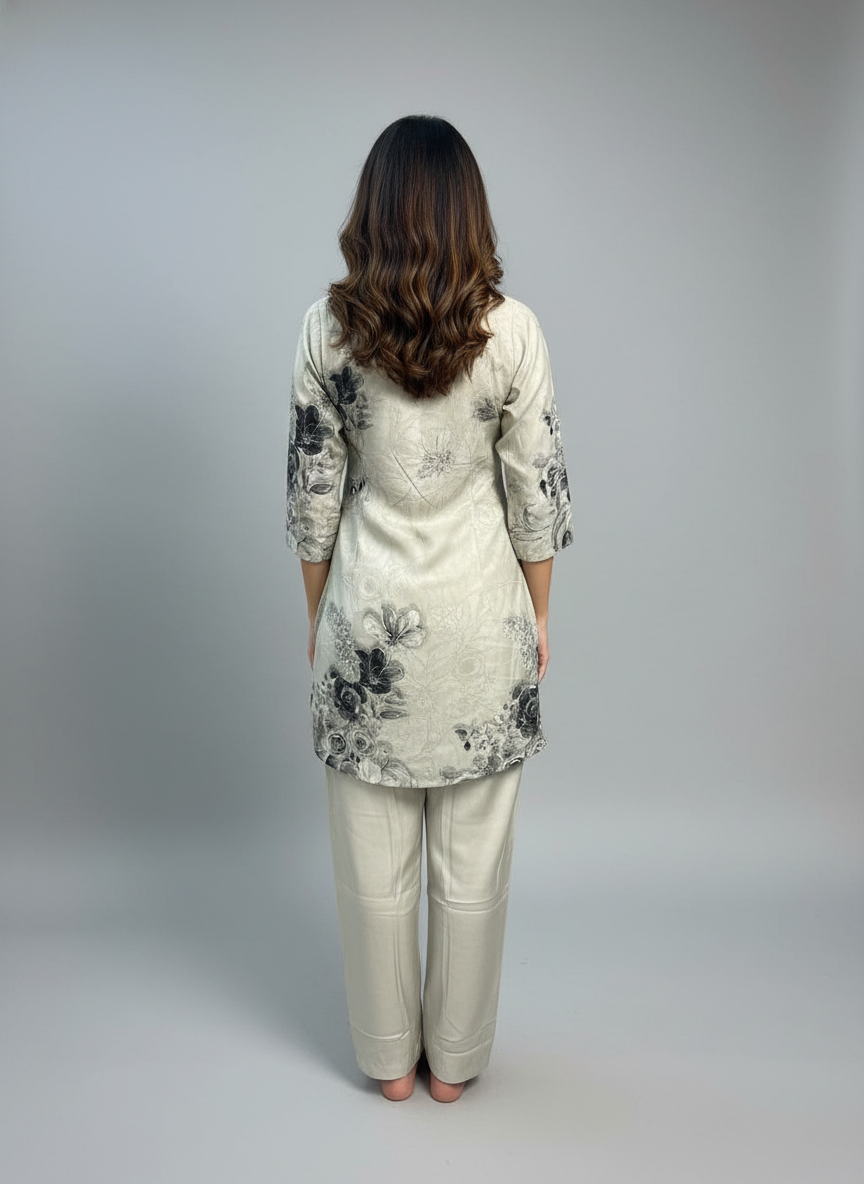 Ivory Whisper Floral Kurti Pant Set
