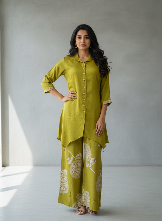 Olive Noor Asymmetric Kurti Palazzo Set
