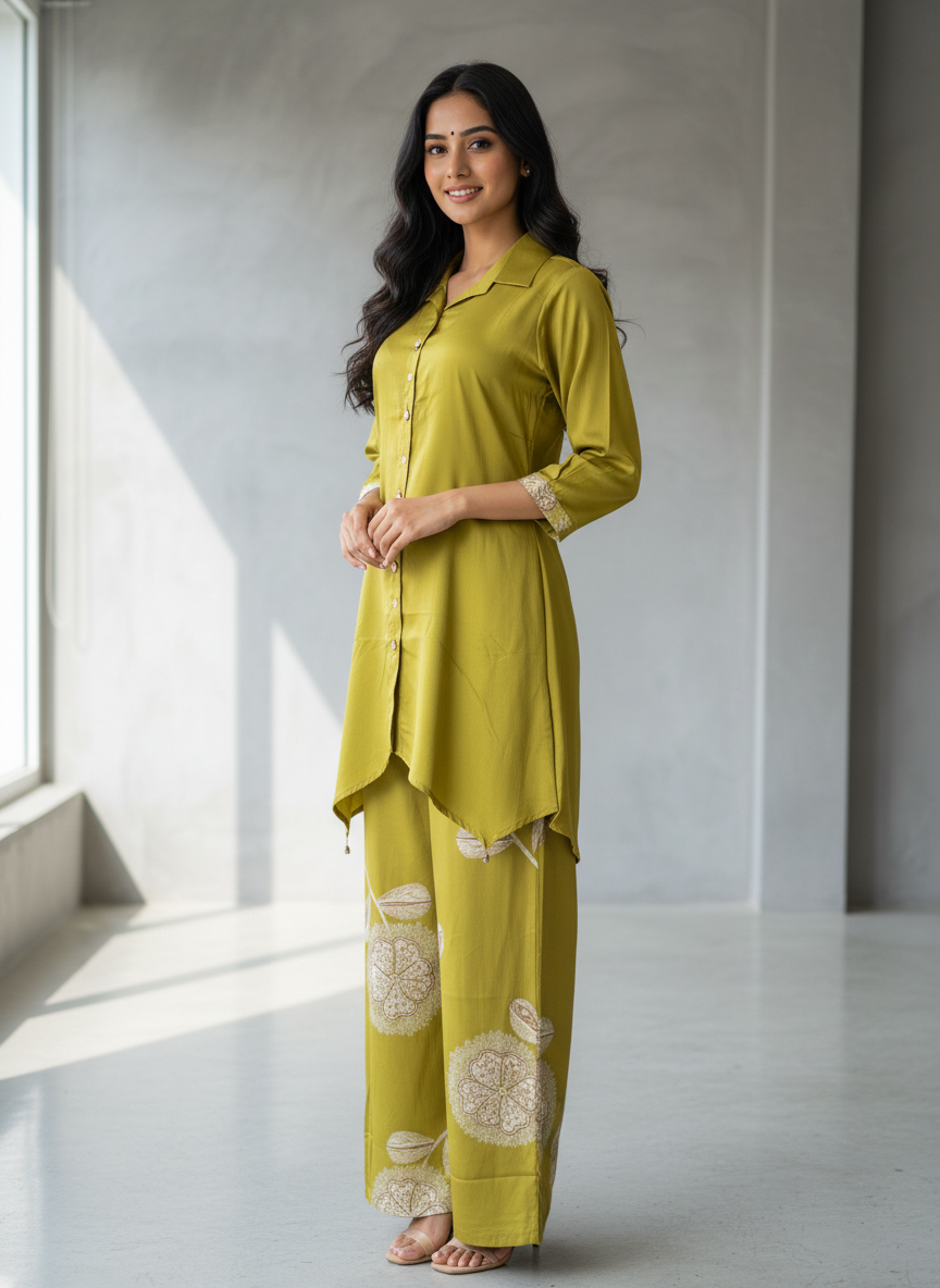 Olive Noor Asymmetric Kurti Palazzo Set