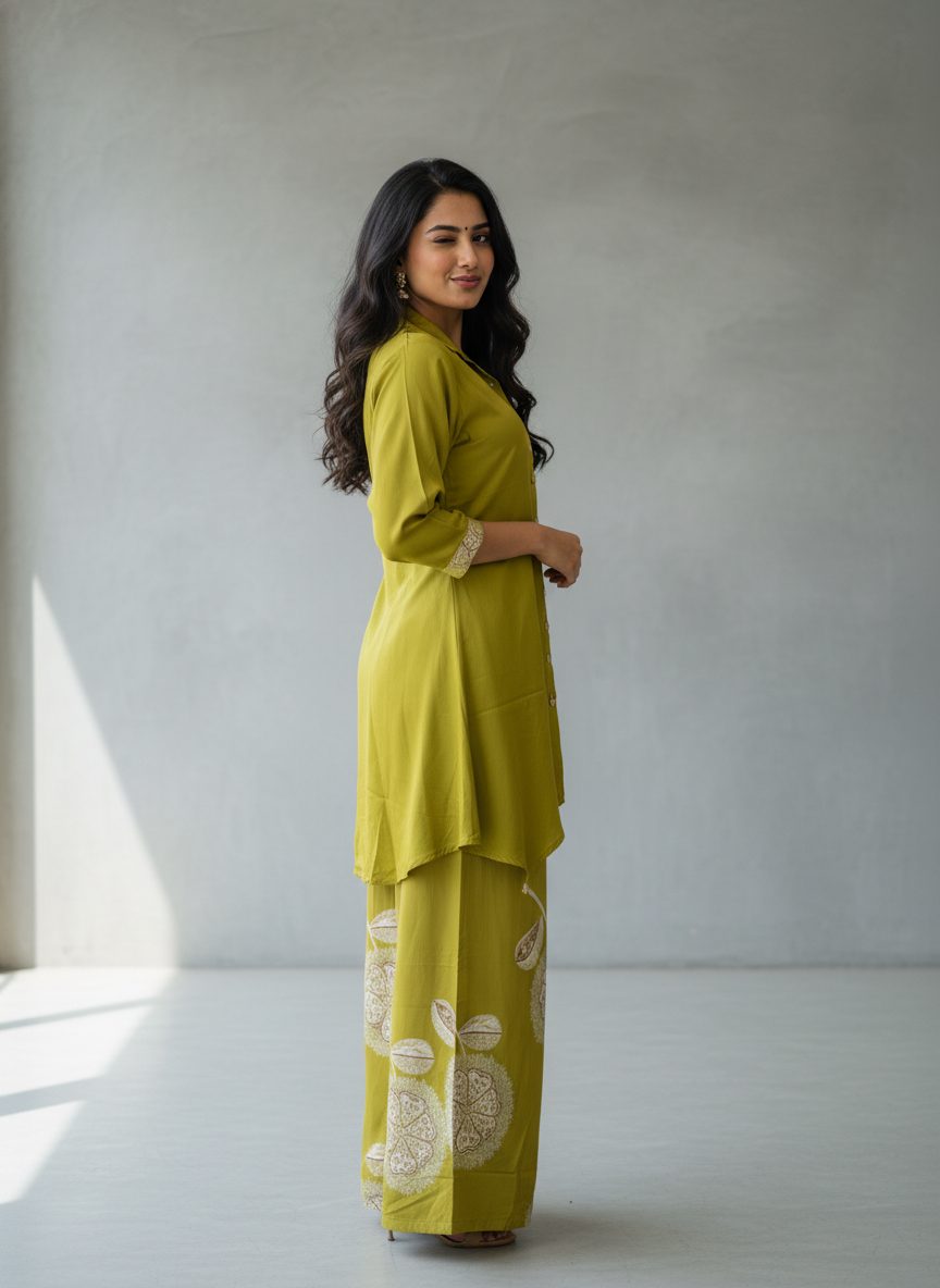 Olive Noor Asymmetric Kurti Palazzo Set