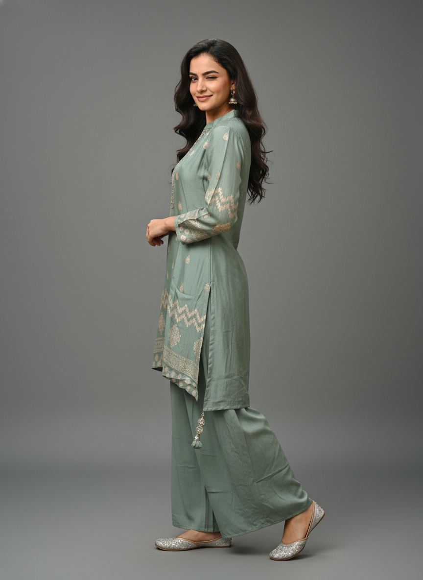 Sage Zari Elegance Kurti Palazzo Set