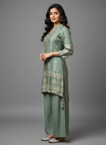 Sage Zari Elegance Kurti Palazzo Set