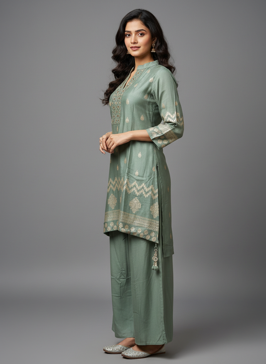 Sage Zari Elegance Kurti Palazzo Set