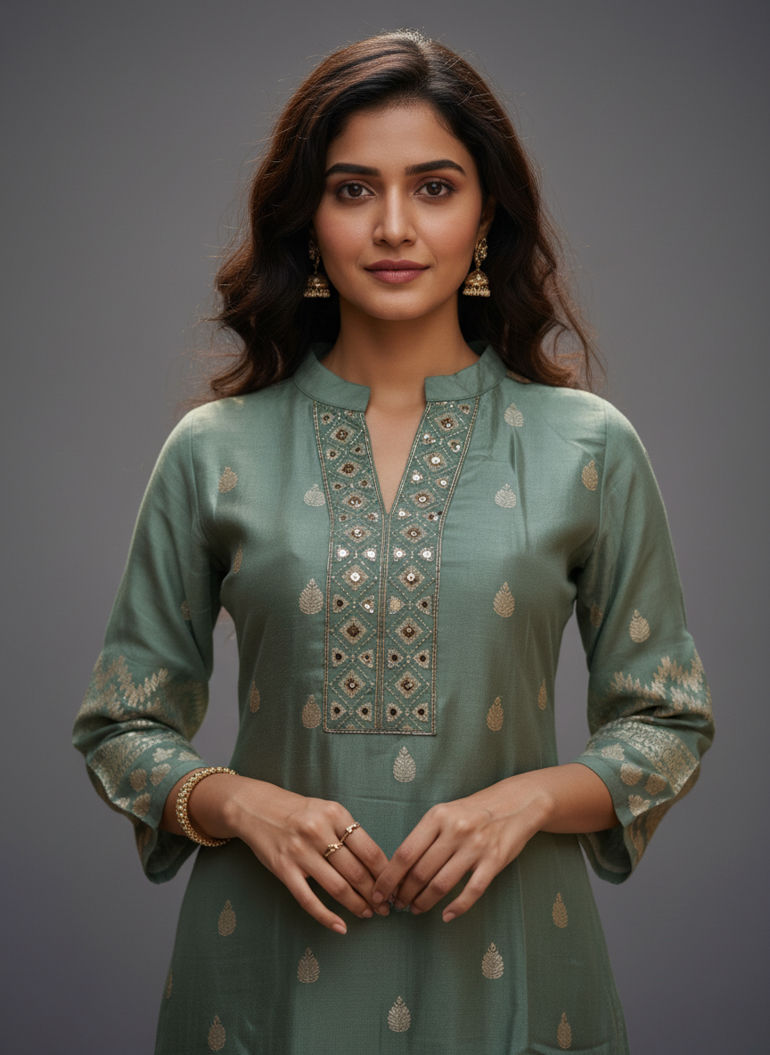 Sage Zari Elegance Kurti Palazzo Set