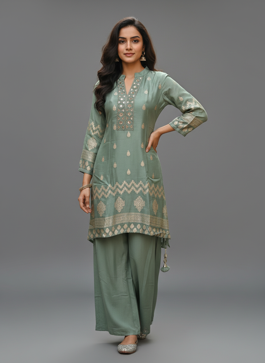Sage Zari Elegance Kurti Palazzo Set