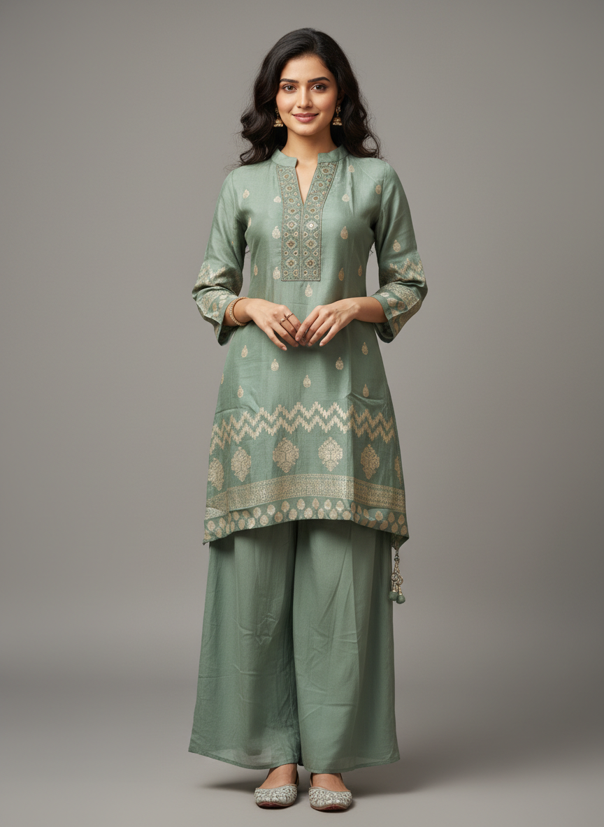 Sage Zari Elegance Kurti Palazzo Set