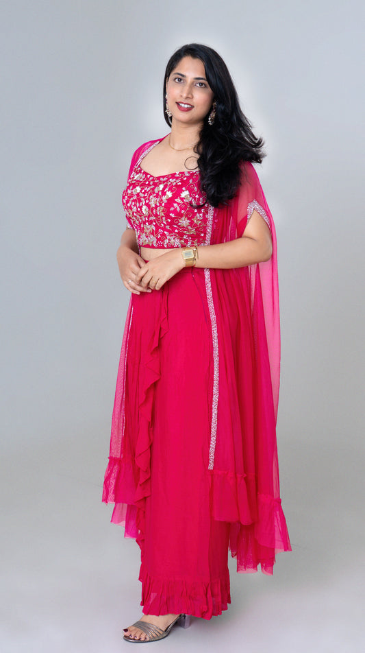 Rasberry Rose Ruffled Georgette Sharara Set
