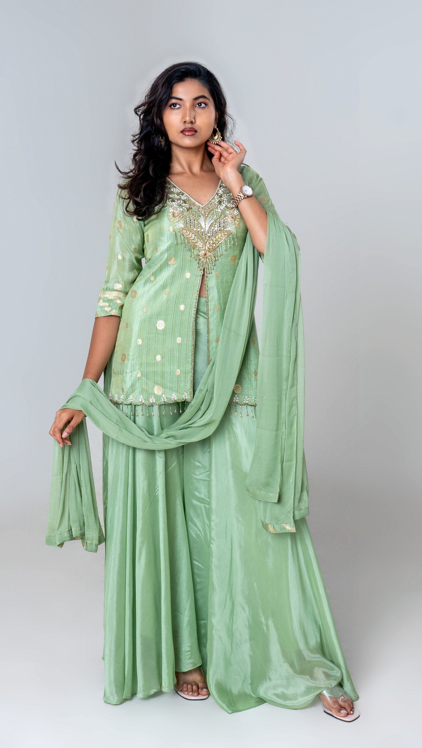 Mint Green Embroidered Peplum Sharara Set
