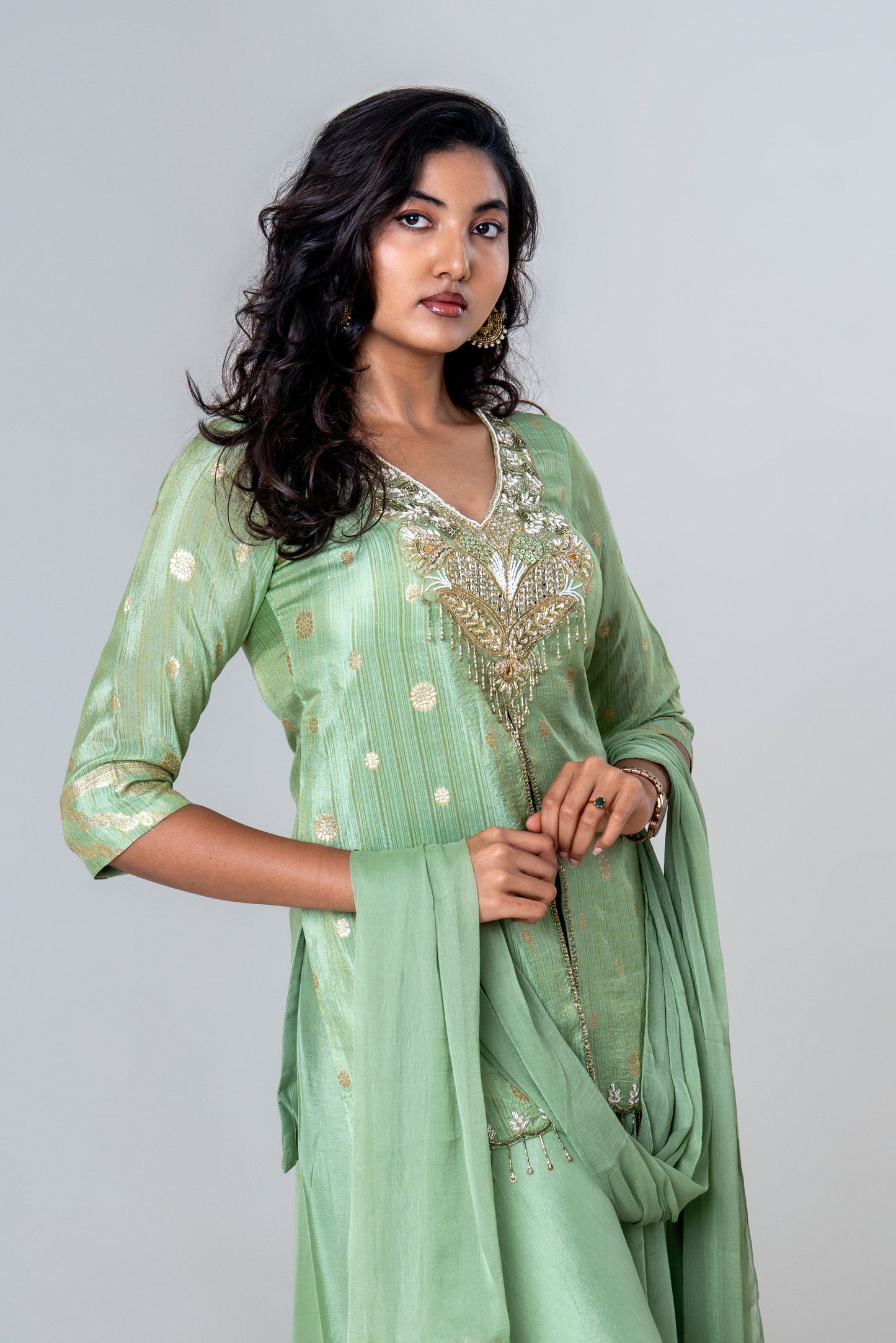 Mint Green Embroidered Peplum Sharara Set