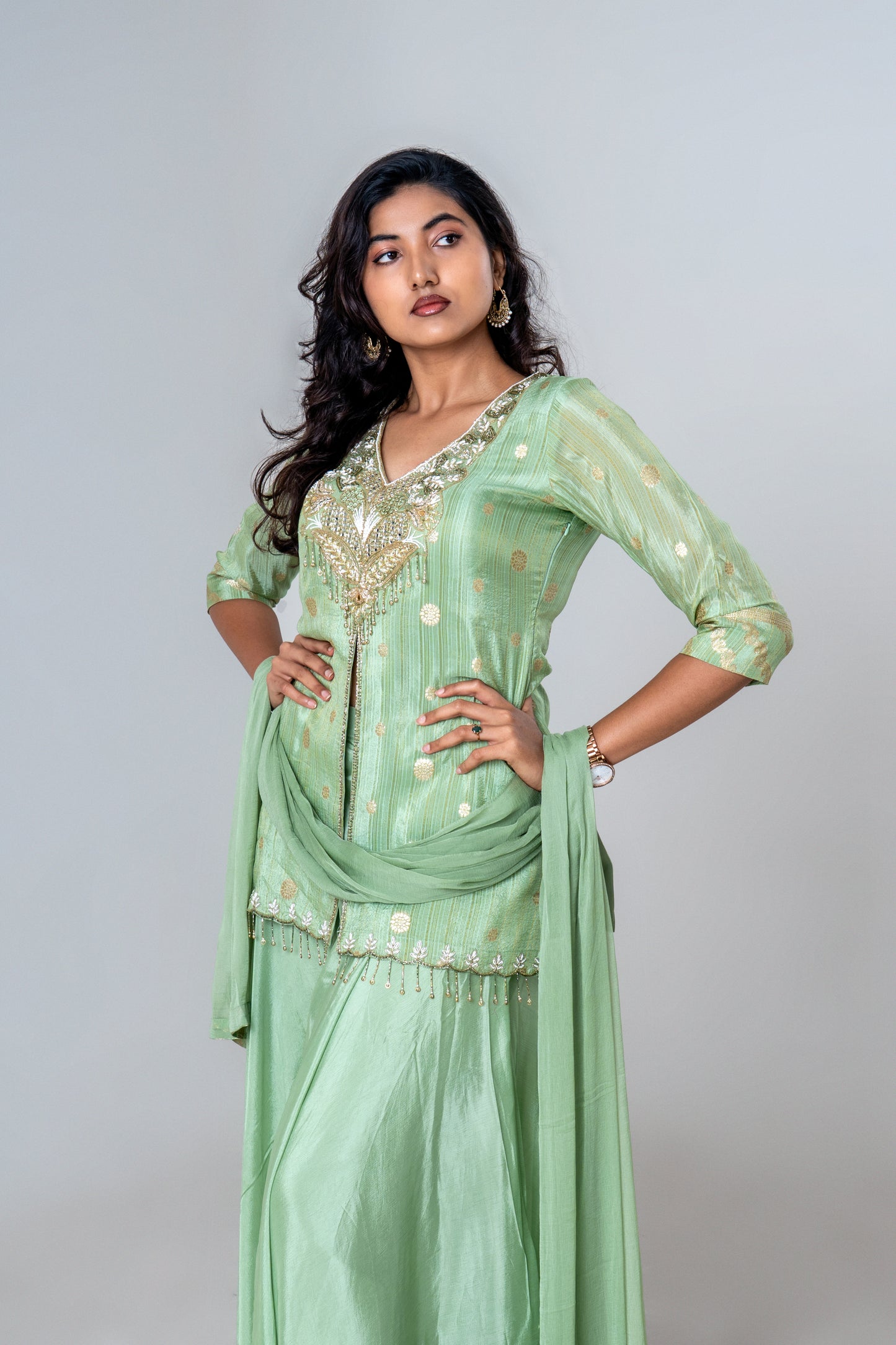 Mint Green Embroidered Peplum Sharara Set