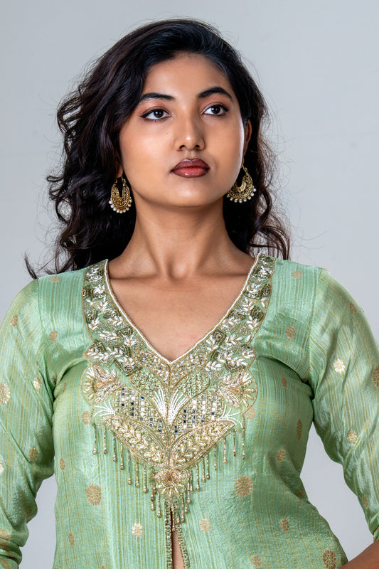 Mint Green Embroidered Peplum Sharara Set