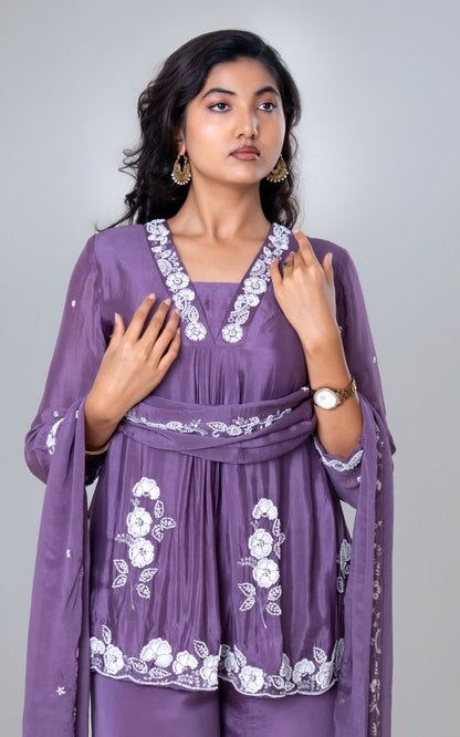 Lavender Blossom Embroidered Sharara Set