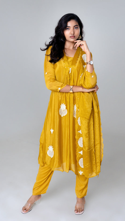 Mustard Glow Embroidered Silk Straight Suit Set