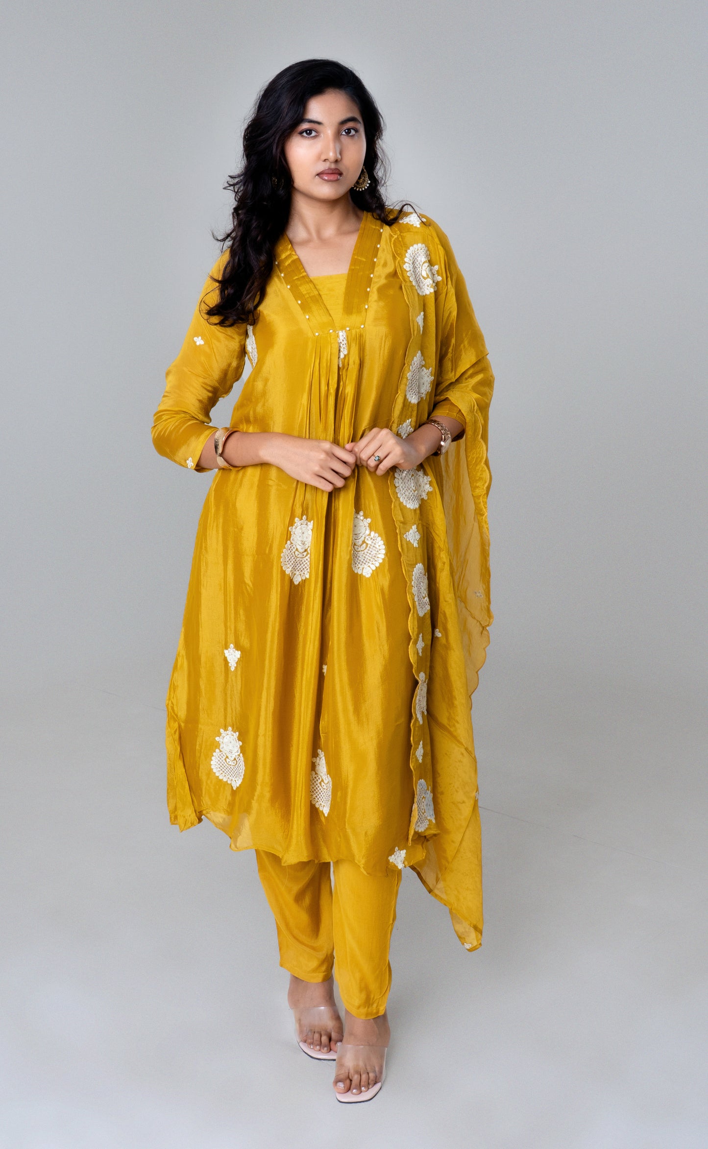 Mustard Glow Embroidered Silk Straight Suit Set