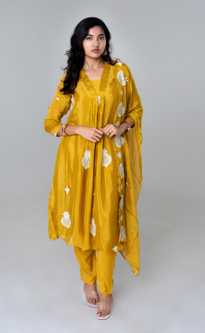 Mustard Glow Embroidered Silk Straight Suit Set