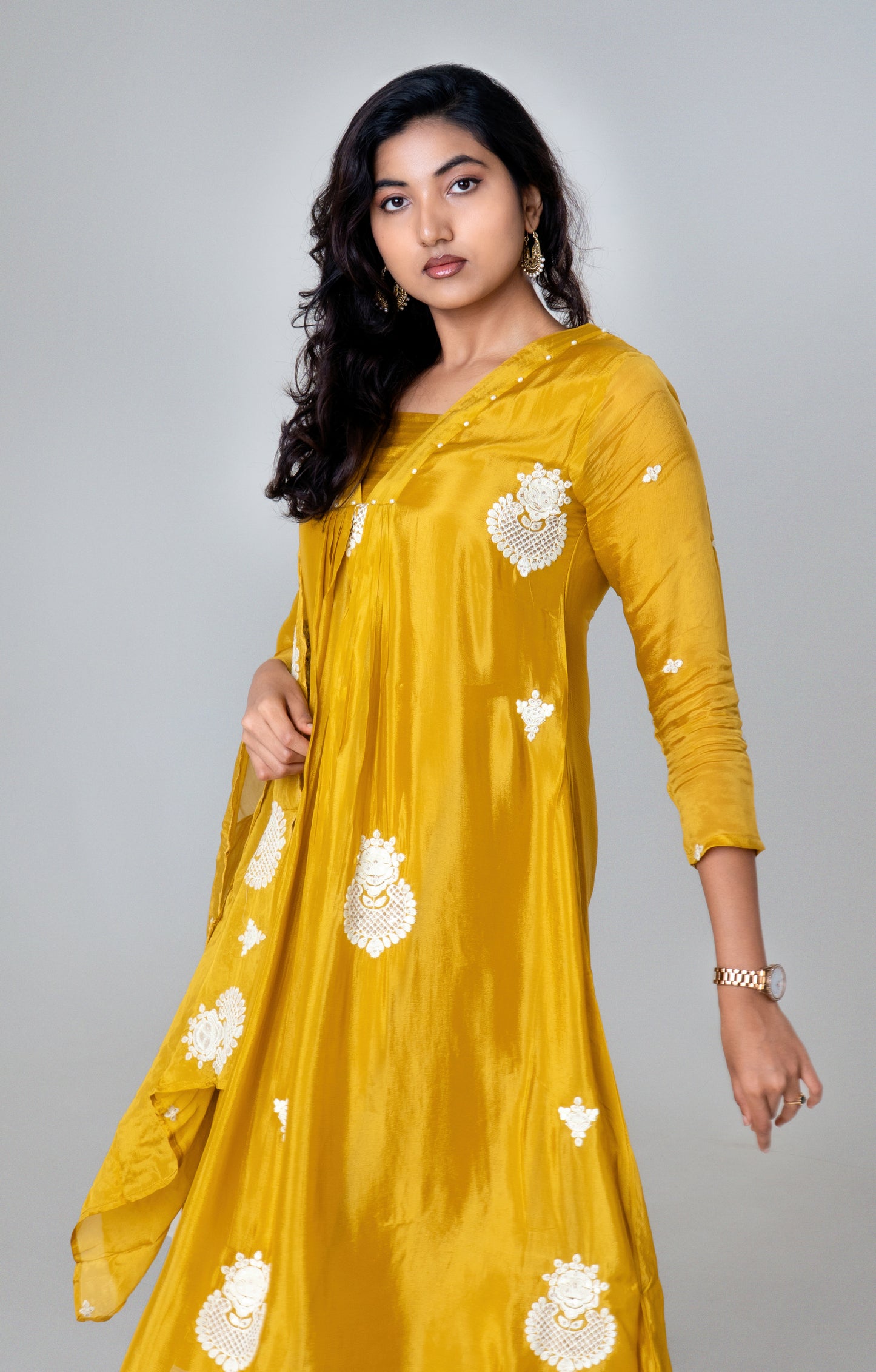 Mustard Glow Embroidered Silk Straight Suit Set