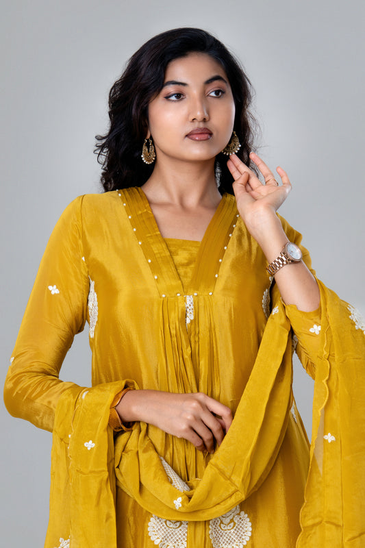 Mustard Glow Embroidered Silk Straight Suit Set