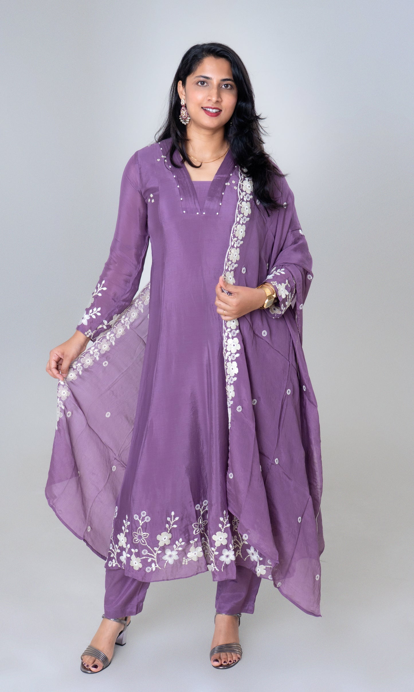 Lavender Bloom Embroidered Silk Anarkali Suit Set