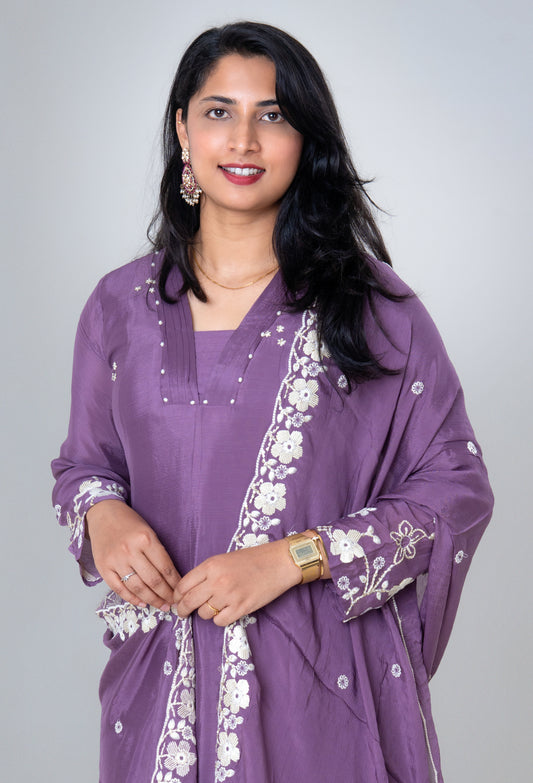 Lavender Bloom Embroidered Silk Anarkali Suit Set