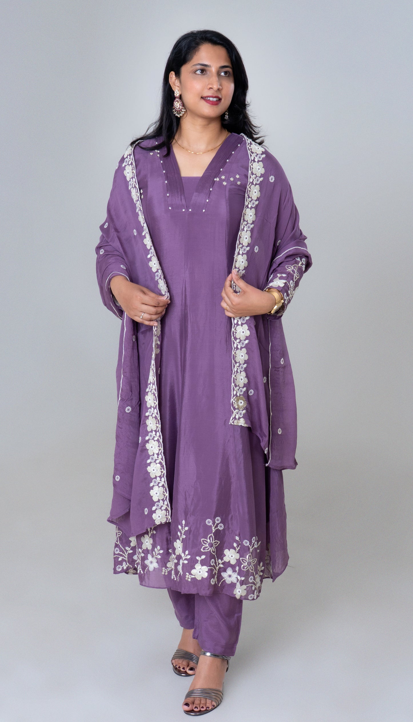 Lavender Bloom Embroidered Silk Anarkali Suit Set
