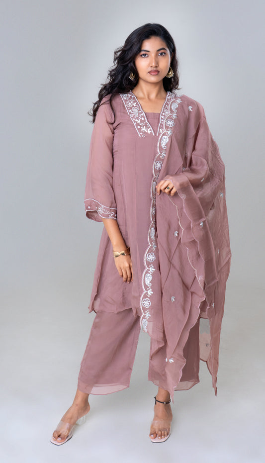 Dusty Rose Embroidered Chiffon Kurta Set with Dupatta